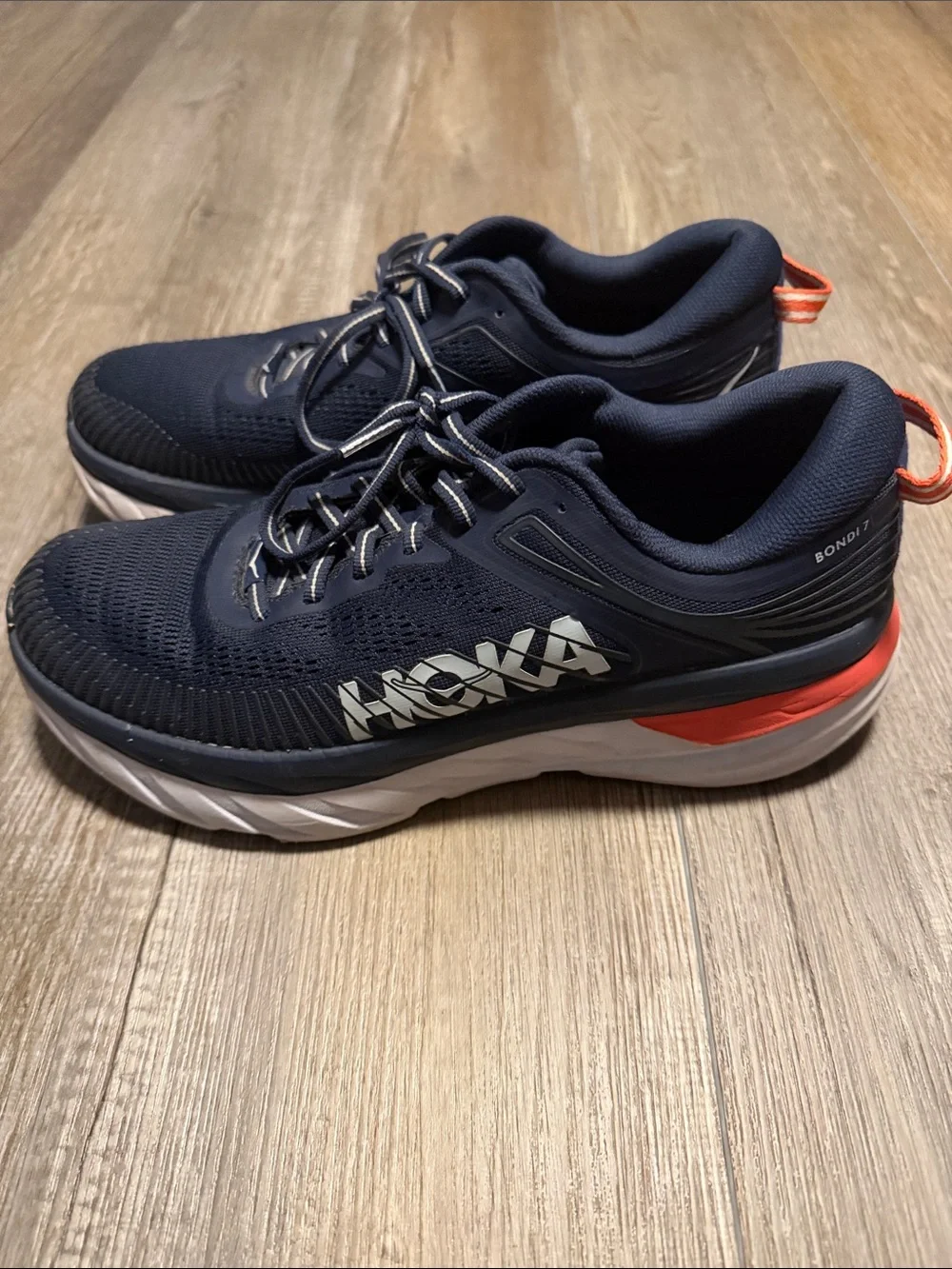 Hoka Bondi 7 Navy Athletic Shoes with Coral Accent